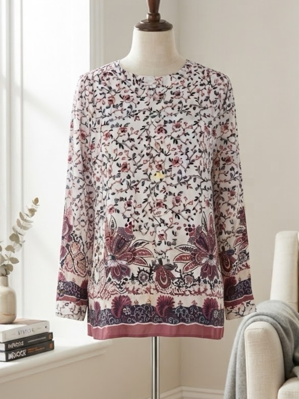 LOFT Pink Floral Border Print Long-Sleeve Top